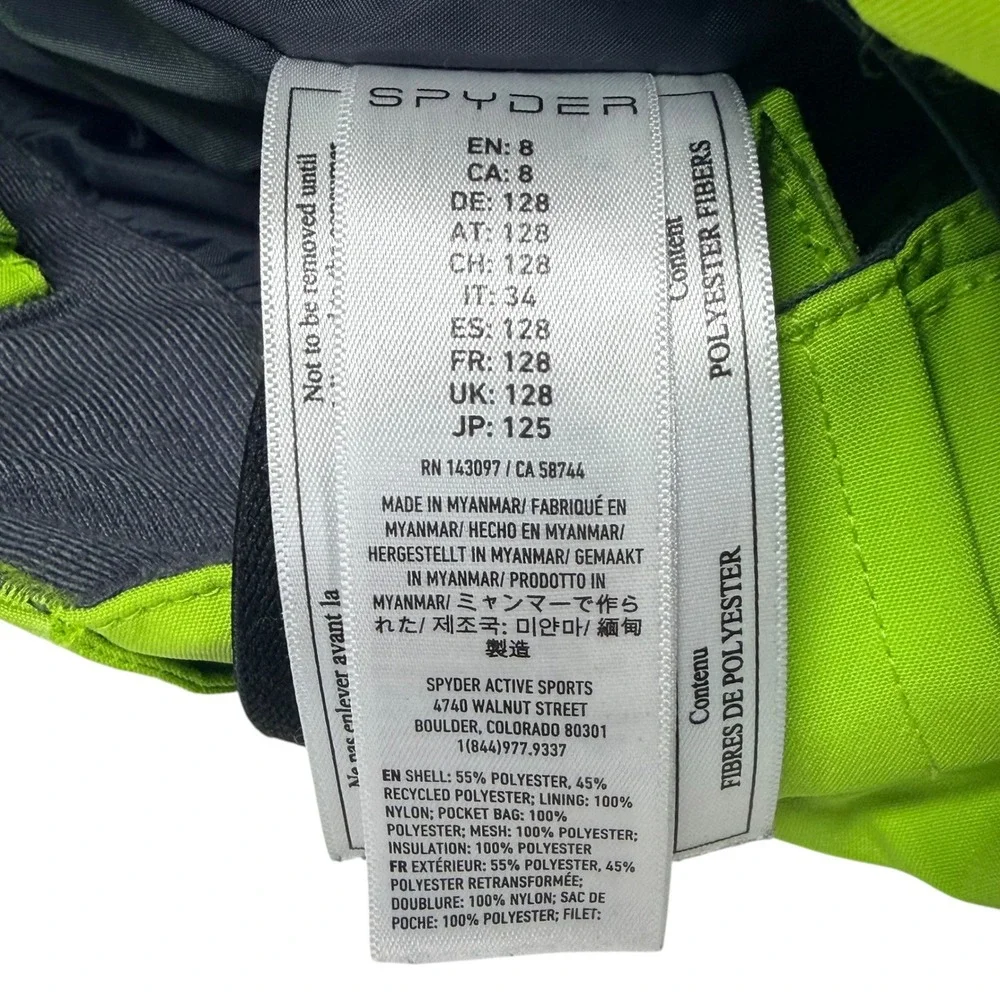 Spyder Kids Ski Snow Pants Bib Suspenders Neon Green Insulated Winter Size 8